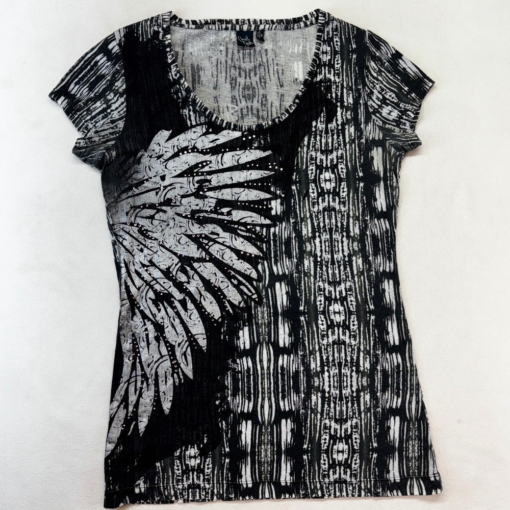 Cruel Girl Graphic T Shirt Womens Medium‎ Black White Silver Wing Rhinestone